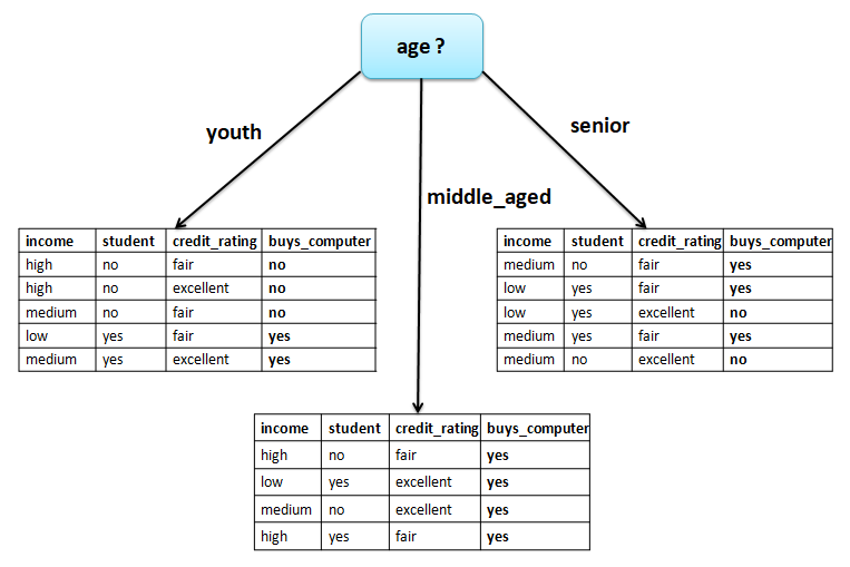The customer tuples partitioned by age into youth, middle_aged and senior