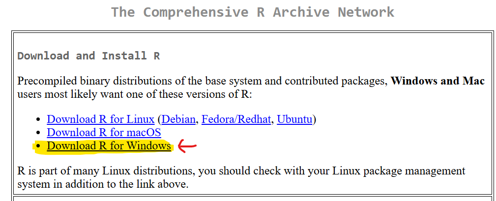 CRAN download page with Download R for Windows highlighted