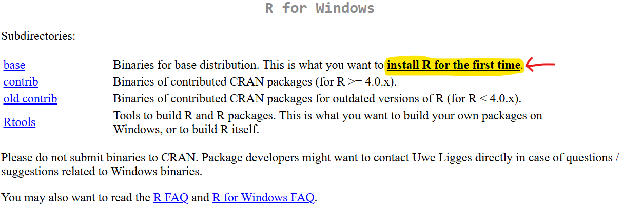 R for Windows page with install R for the first time highlighted