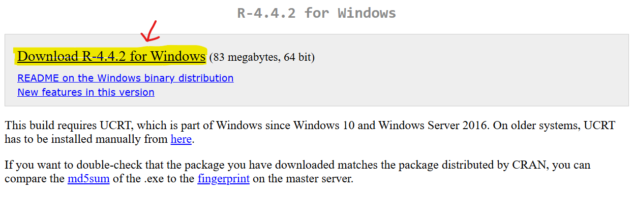 Download R-4.4.2 for Windows link on the CRAN website