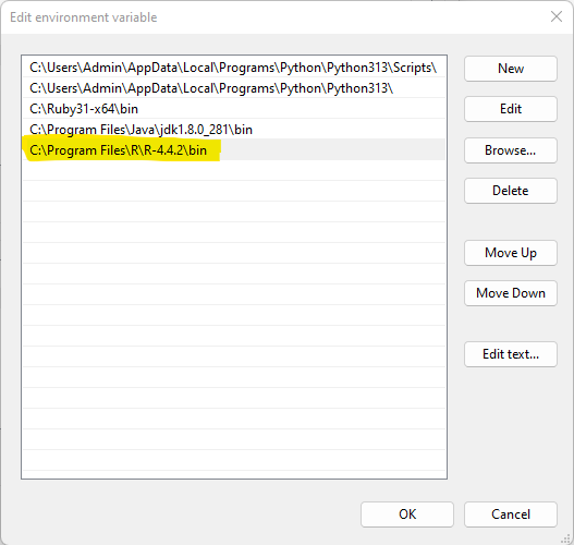 Edit environment variable dialog with C:\Program Files\R\R-4.4.2\bin added to Path