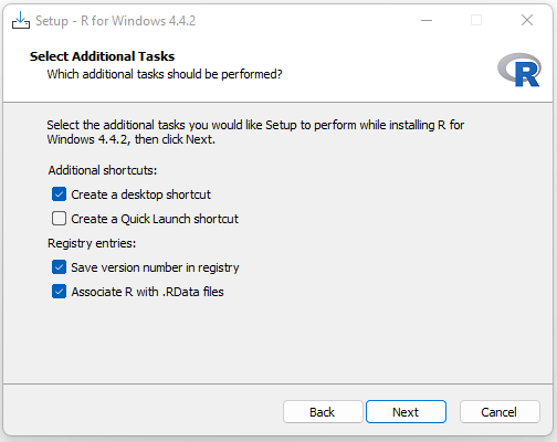 R setup Select Additional Tasks screen with desktop shortcut and file association options