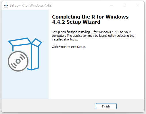 R setup completing wizard screen with Finish button