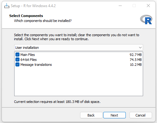 R setup Select Components screen with Main Files, 64-bit Files and Message translations selected
