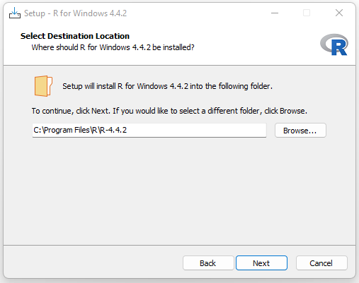 R setup destination location screen showing C:\Program Files\R\R-4.4.2