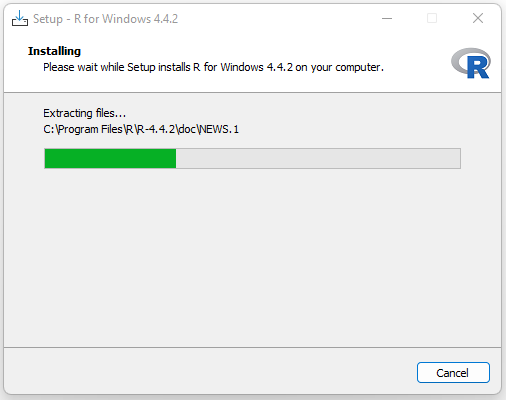 R setup installing progress screen extracting files