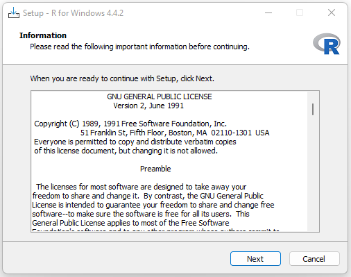 R setup license information screen with Next button