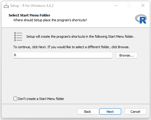 R setup Select Start Menu Folder screen with folder name R