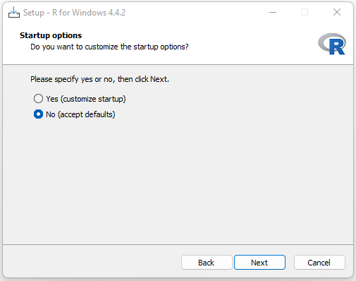 R setup Startup options screen with No (accept defaults) selected