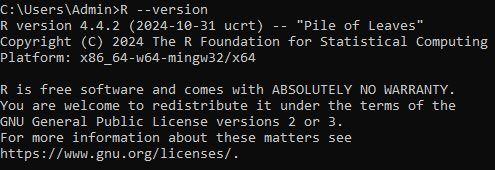 Command prompt showing R --version output for R version 4.4.2