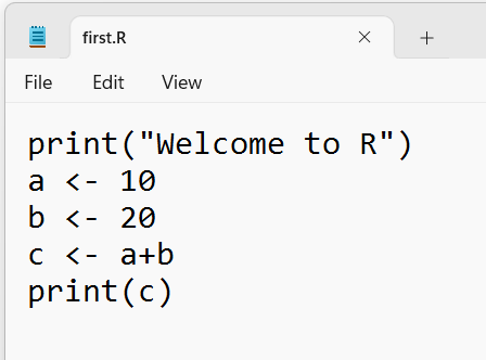 Notepad showing first.R with print and addition statements